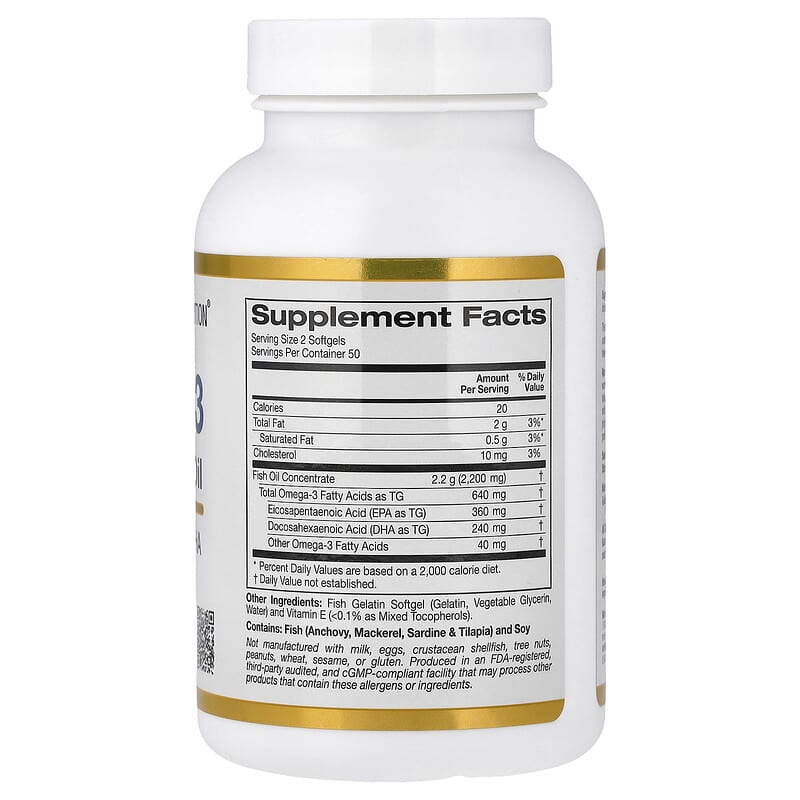 Купить California Gold Nutrition, омега-3, рыбий жир премиального качества, 180 мг ЭПК / 120 мг ДГК, 100 капсул из рыбьего желатина