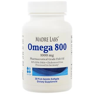 Madre Labs, Omega 800, Pharmaceutical Grade Fish Oil, 80% EPA/DHA, Triglyceride Form, German Processed, Cholesterol Free, 1000 mg, 30 Fish Gelatin Softgels