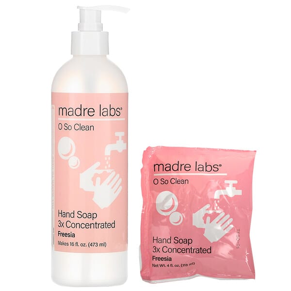 Madre Labs‏, صابون اليدين، تركيز 3 أضعاف، برائحة الفريزيا، 1 كيس + زجاجة قابلة لإعادة الاستخدام، 4 أونصة سائلة (118 مل)