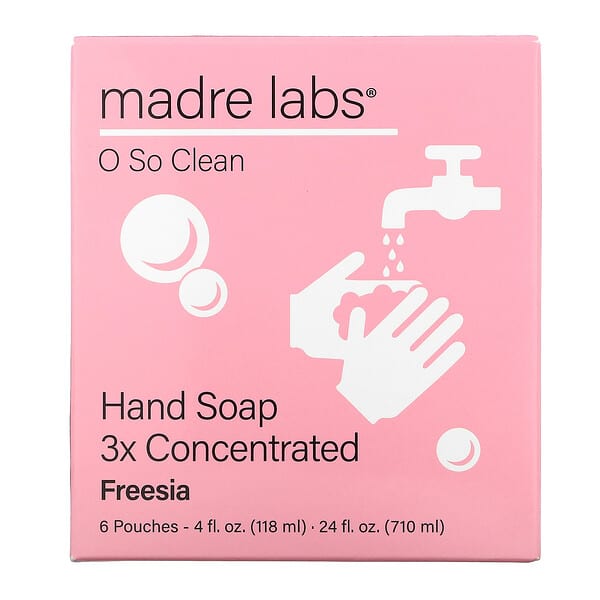 Madre Labs‏, عبوة صابون غسيل اليدين قابلة لإعادة الملء، تركيز 3 أضعاف، برائحة الفريزيا، 6 أكياس، 4 أونصة سائلة (118 ملل) لكل منها