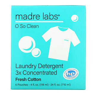 Madre Labs, моющее средство для стирки, тройной концентрации, сменный блок, свежесть хлопка, 6 пакетиков по 118 мл (4 жидк. унции)