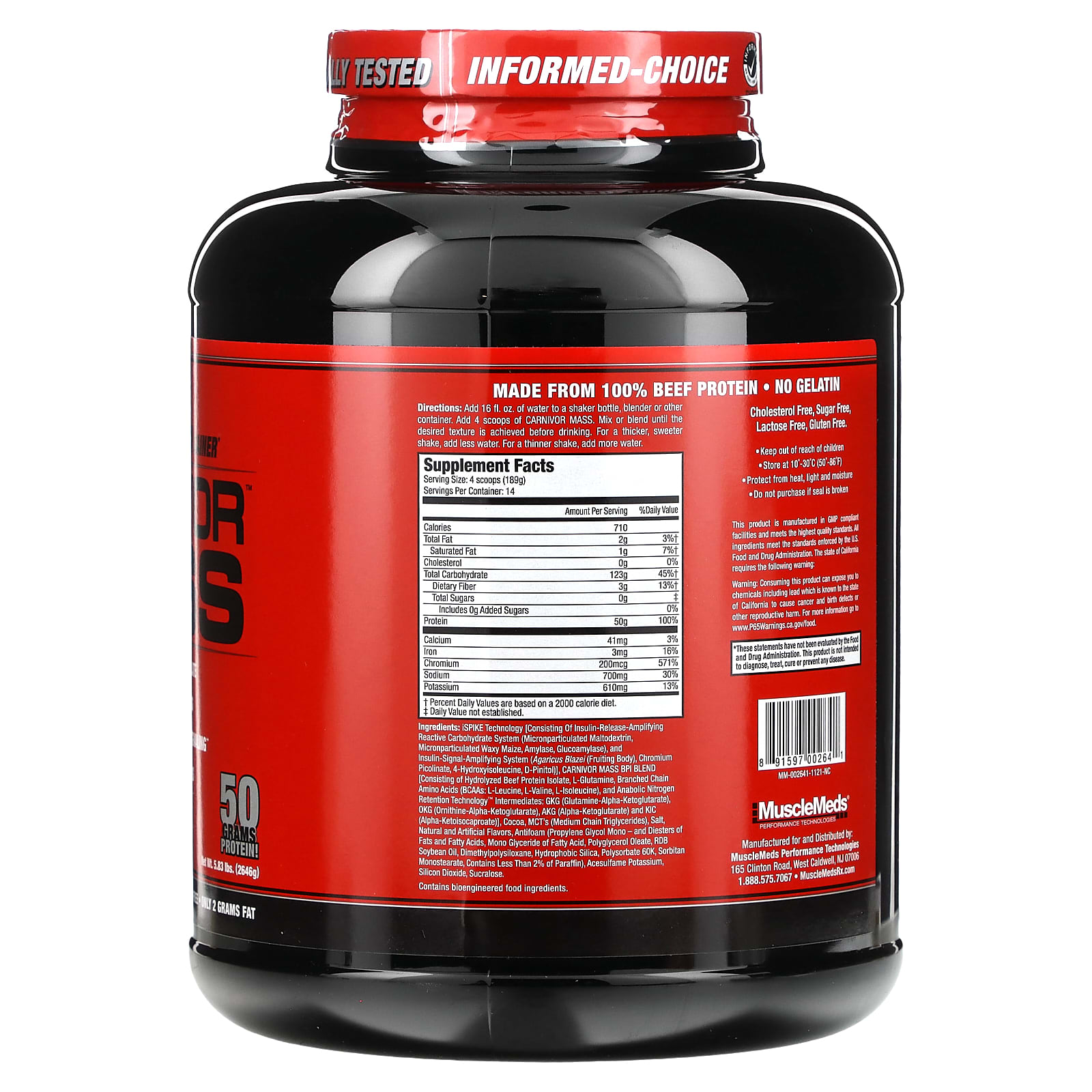 Musclemeds Carnivor Mass Anabolic Beef Protein Gainer Chocolate Fudge 583 Lbs 2646 G 7449