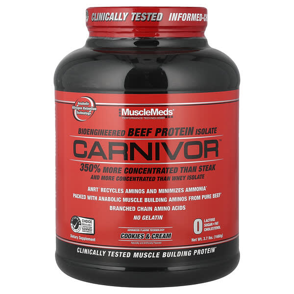 MuscleMeds, Carnivor, 생물공학 분리 소고기 단백질, 쿠키 앤 크림, 1,680g(3.7lb)