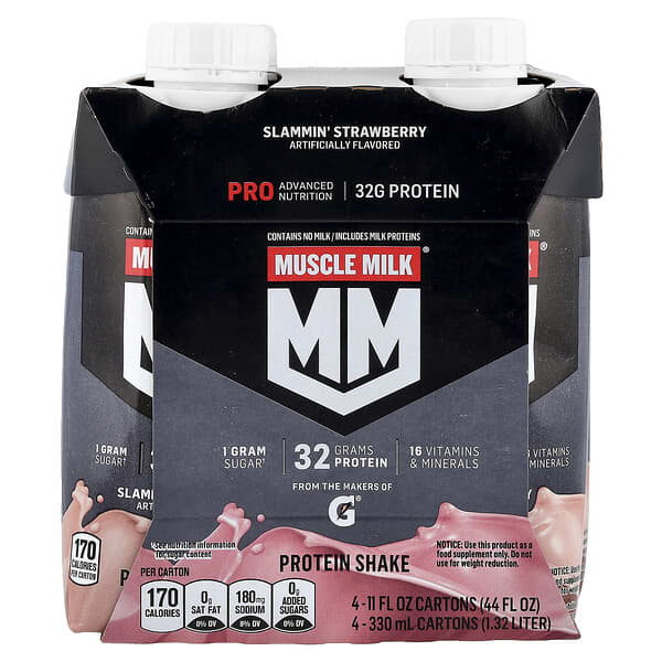 Muscle Milk, Pro Advanced Nutrition, Protein Shake, Slammin' Strawberry, 4 Cartons, 11 fl oz (330 ml) Each — product photo 1