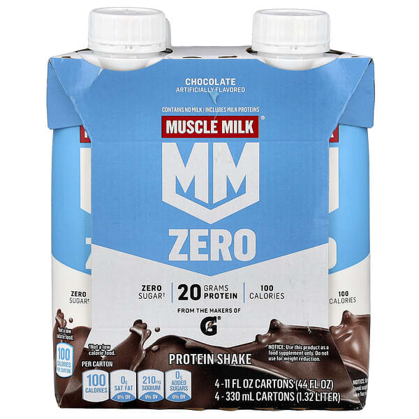 Muscle Milk, Zero, Protein Shake, Chocolate, 4 Cartons, 11 fl oz (330 ml) Each — product photo 1