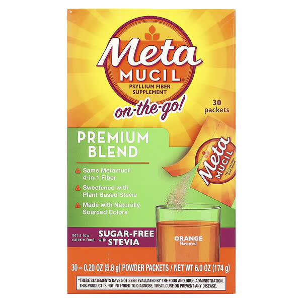 Metamucil, On-The-Go, Premium Blend, Sugar-Free with Stevia, Orange, 30 Powder Packets, 0.2 oz (5.8 g) Each