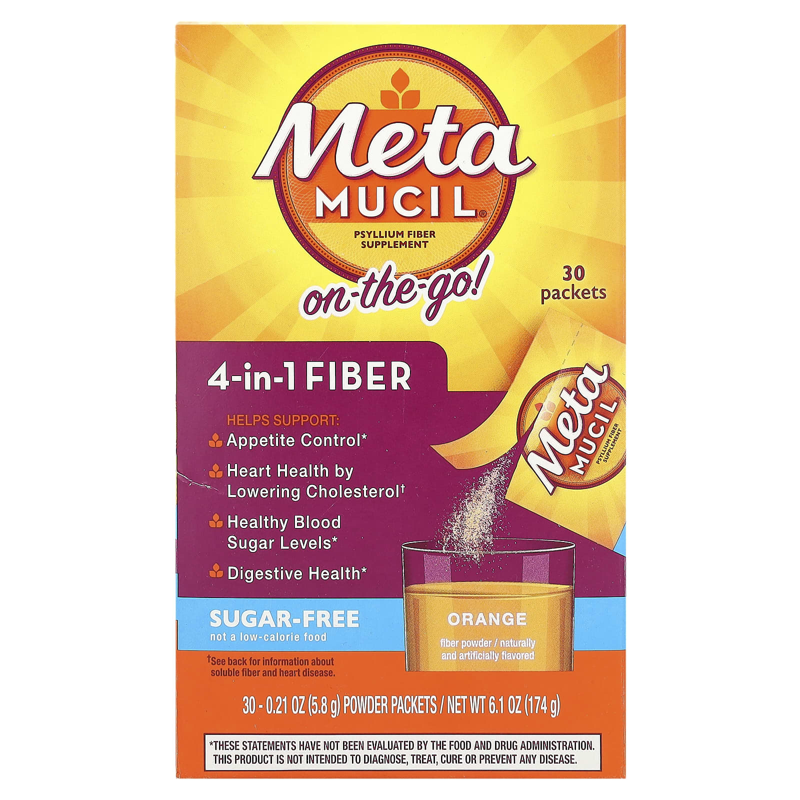 Metamucil, On-The-Go, 4-in-1 Fiber, Sugar-Free, Orange, 30 Powder ...