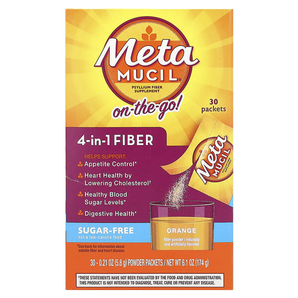 Metamucil, On-The-Go, 4-in-1 Fiber, Sugar-Free, Orange, 30 Powder Packets, 0.21 oz (5.8 g) Each
