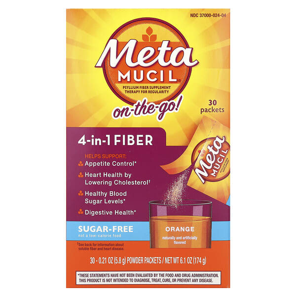 Metamucil, 便攜，4 合 1 纖維，無糖，橙味，30 個粉包，每個 0.21 盎司（5.8 克）
