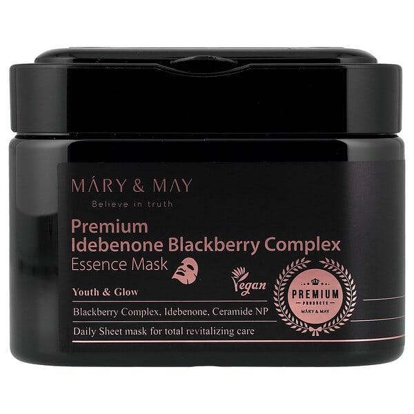 Mary & May, 프리미엄 이데베논 블랙베리 복합체, 에센스 뷰티 마스크, 20매, 250g(8.81oz)