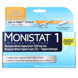 Monistat, Комбинированный пакет для лечения на 1 день, дневная или ночная яйцеклетка, максимальная эффективность, 1 вкладыш для яйцеклетки, трубка 2,6 г + 0,32 унции (9 г)