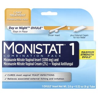 Monistat, Sachet combiné de traitement d'un jour, Ovule de jour ou de nuit, Force maximale, 1 embout d'ovule, Tube de 9 g (2,6 g)