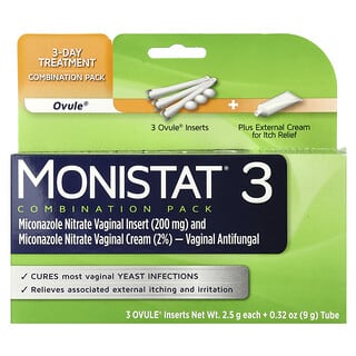 Monistat, Paquete combinado de tratamiento para 3 días, 3 insertos para óvulos, cada uno de 2,5 g + tubo de 9 g (0,32 oz)