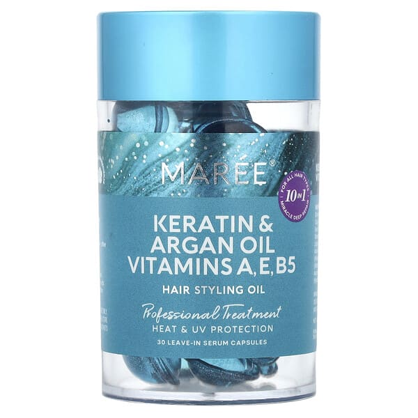 Maree, Hair Styling Oil, Kertin & Argan Oil Vitamins A, E, B5, For All Hair Types, Floral, 30 Leave-In Serum Capsules