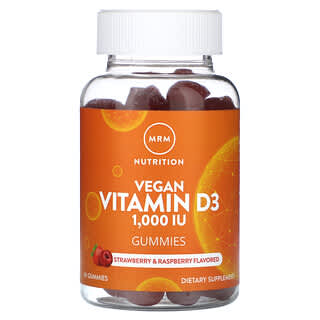 MRM Nutrition, Веганские жевательные мармеладки с витамином D3, клубника и малина, 1000 МЕ, 60 жевательных таблеток