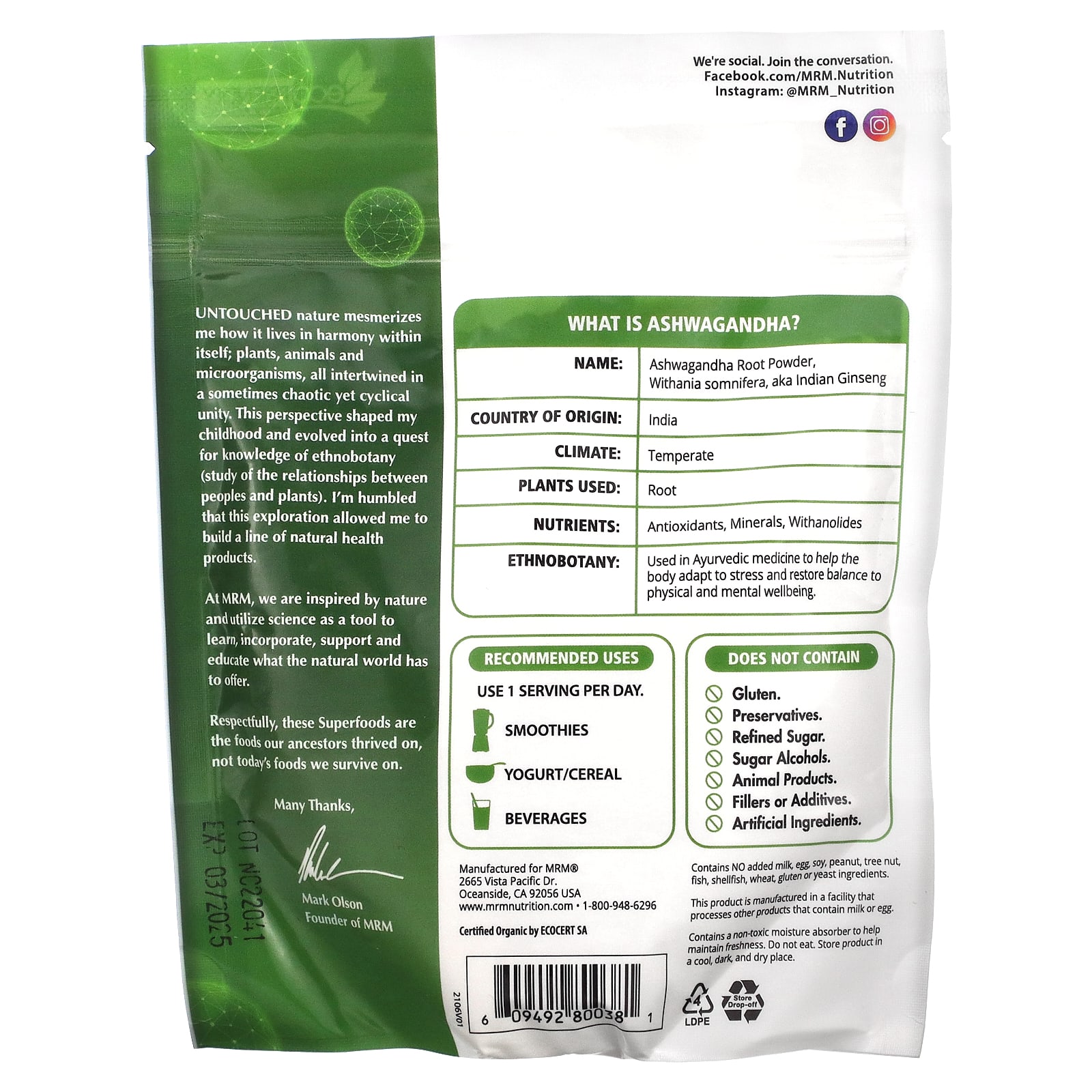 Mrm Nutrition Organic Ashwagandha Root Powder 4 Oz 113 G