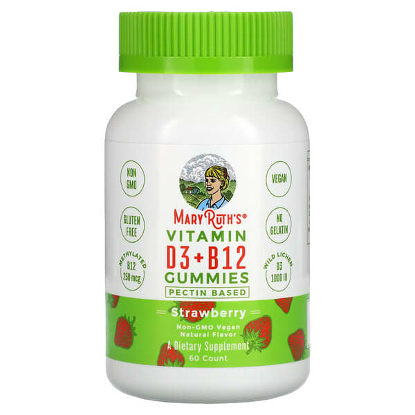 MaryRuth Organics‏, علكات فيتامين د 3 + ب 12 ، أساسها البكتين ، فراولة ، 60 علكة