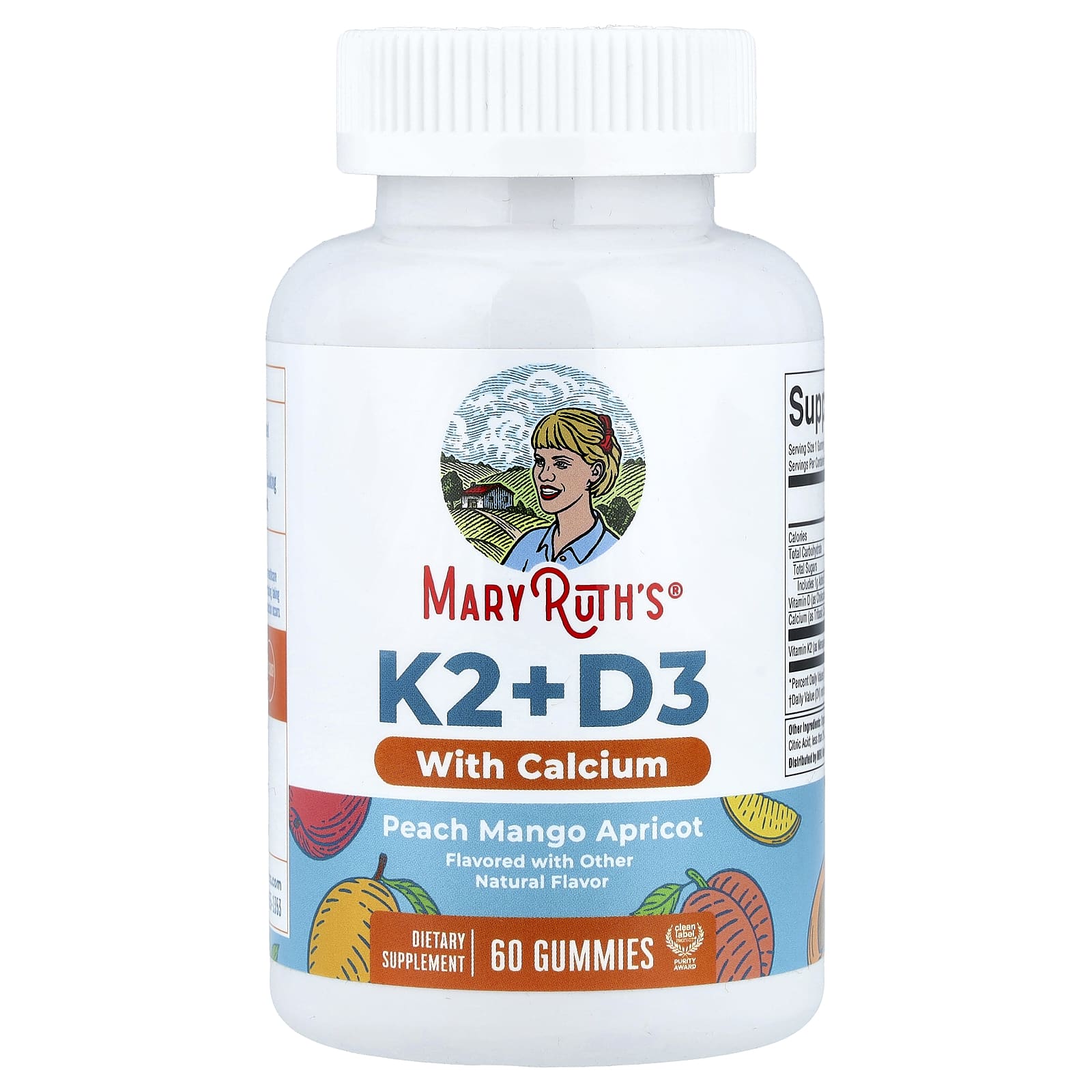 MaryRuth's, Vitamin K2 + D3 With Calcium Gummies, Peach Mango Apricot, 60 Gummies