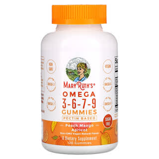 MaryRuth Organics, オメガ3-6-7-9グミ、ピーチ、マンゴー、アプリコット、砂糖不使用、グミ120粒