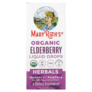 MaryRuth Organics, 有機接骨木果液體滴劑，Herbals，藍莓 + 樹莓味，1 液量盎司（30 毫升）