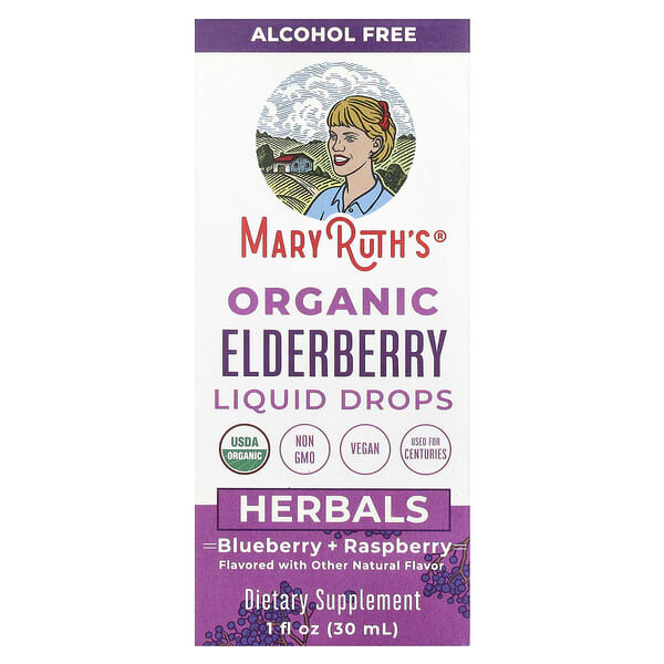 MaryRuth's Organic Elderberry Liquid Drops, Alcohol Free, Blueberry + Raspberry, 1 fl oz (30 ml)
