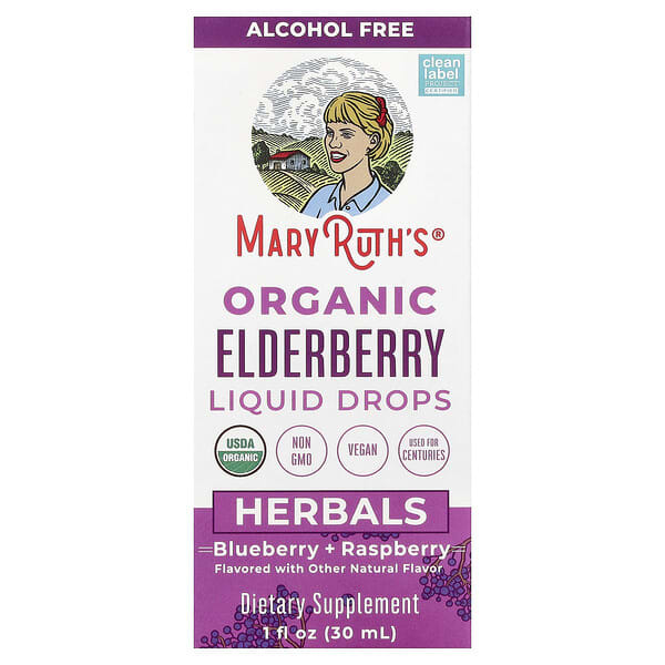 MaryRuth's, 유기농 엘더베리 액상 드롭, 알코올 무함유, 블루베리 + 라즈베리, 30ml(1fl oz)