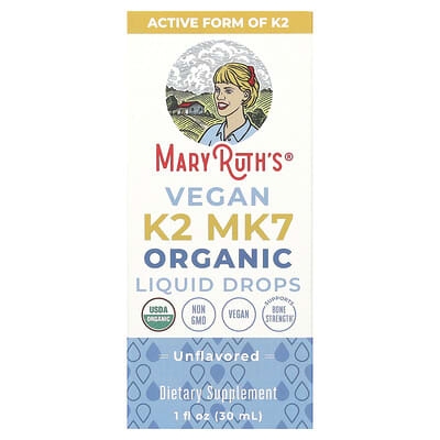MaryRuth's, Organic Vegan K2 MK7 Liquid Drops, Unflavored, 30 mcg, 1 fl oz (30 ml)