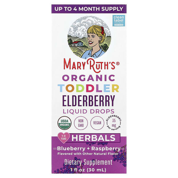 MaryRuth's, Organic Toddler Elderberry Liquid Drops, 1-3 Years, Blueberry + Raspberry, 1 fl oz (30 ml) — product photo 1