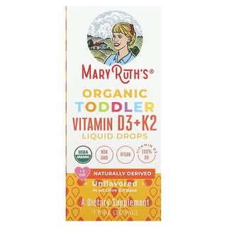 MaryRuth's, Vitamina D3 + K2 en gotas orgánicas para niños pequeños, De 1 a 3 años, Sin sabor, 30 ml (1 oz. Líq.)