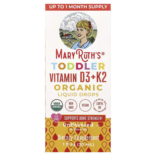 MaryRuth's, 유기농 유아용 비타민D3 + K2 액상 드롭, 만 1~3세, 무맛, 30ml(1fl oz)