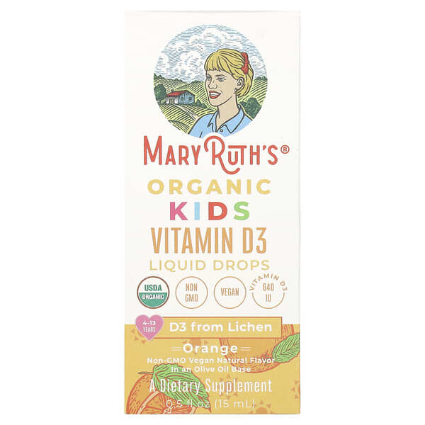 MaryRuth's, Organic Kids Vitamin D3 Liquid Drops, 4-13 Years, Orange, 640 U, 0.5 fl oz (15 ml)