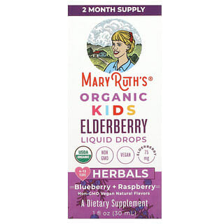 MaryRuth's, Organic Kids Elderberry Liquid Drops, 4-13 Years, Blueberry + Raspberry, 1 fl oz (30 ml)