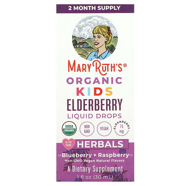 MaryRuth's Organic Kids Elderberry Liquid Drops, 4-13 Years, Blueberry + Raspberry, 75 mg, 1 fl oz (30 ml)