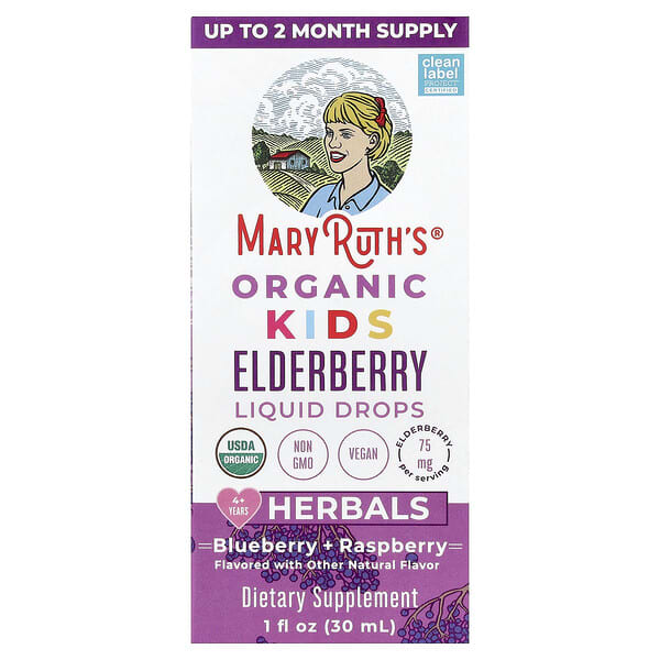 MaryRuth's, Organic Kids Elderberry Liquid Drops, 4+ Years, Blueberry + Raspberry, 1 fl oz (30 ml) — product photo 1