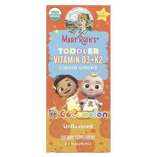 MaryRuth's, Cocomelon, Gotas líquidas de vitaminas D3 y K2 para niños pequeños, De 1 a 3 años, Sin sabor, 15 ml (0,5 oz. líq.)
