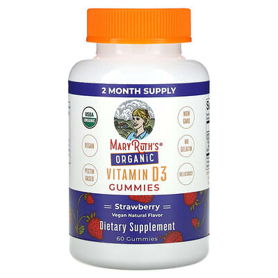 MaryRuth's, Organic Vitamin D3 Gummies, Strawberry Flavor, 25 mcg, 60 Gummies