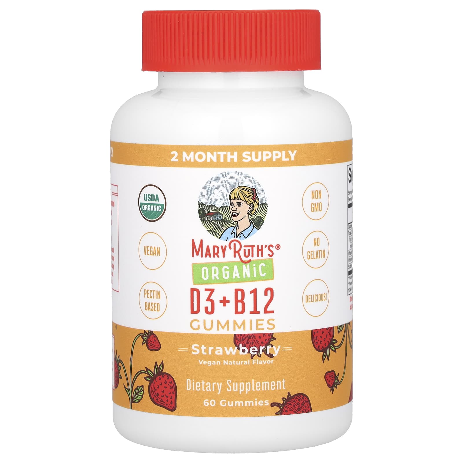 MaryRuth's, Organic D3 + B12 Gummies, Strawberry, 60 Gummies