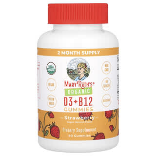 MaryRuth's, Gommes biologiques à base de vitamines D3 et B12, Arôme fraise, 60 gommes