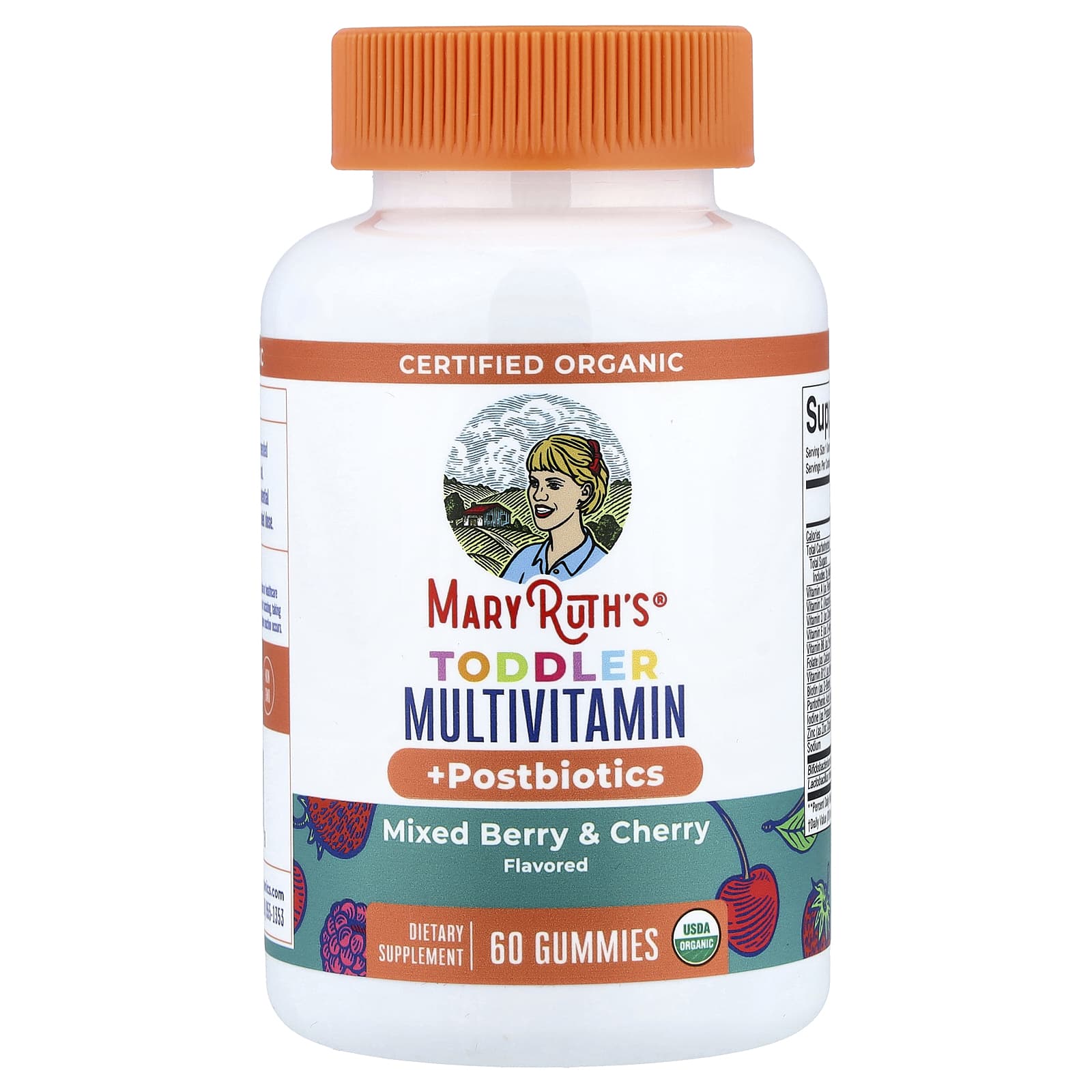 MaryRuth's, Organic Toddler Multivitamin + Postbiotics Gummies, Mixed Berry & Cherry, 60 Gummies