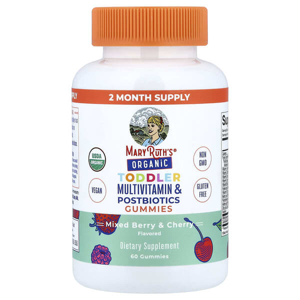 MaryRuth's, Organic Toddler Multivitamin & Postbiotics Gummies, Mixed Berry & Cherry, 60 Gummies