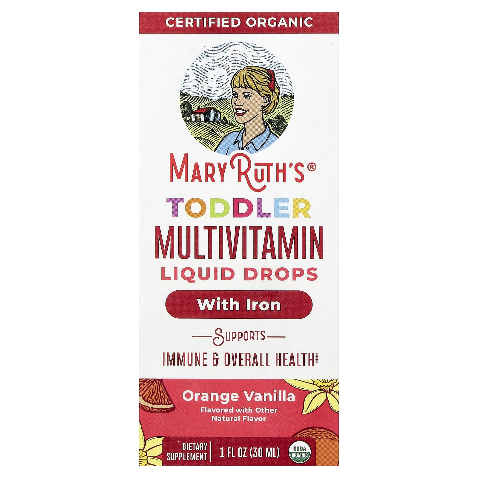 MaryRuth's, Organic Toddler Multivitamin Liquid Drops With Iron, 1-3 Years, Orange Vanilla, 1 fl oz (30 ml)