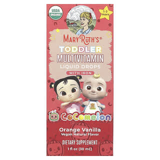 MaryRuth's, Cocomelon, Multivitamínico para Crianças Pequenas, Gotas Líquidas com Ferro, 1 a 3 Anos, Laranja e Baunilha, 30 ml (1 fl oz)