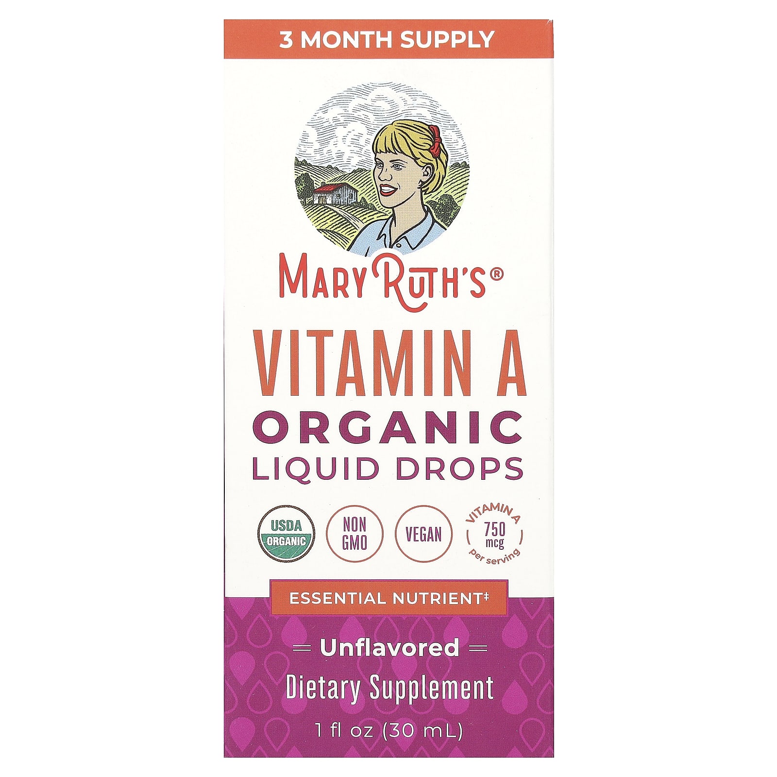 MaryRuth's, Organic Vitamin A Liquid Drops, Unflavored, 750 mcg, 1 fl