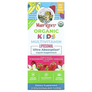 MaryRuth's, Organic Kids, липосомальные мультивитамины, для детей от 4 до 13 лет, клубника, вишня, ваниль, 14 пакетиков по 15 мл (0,5 жидк. унции)