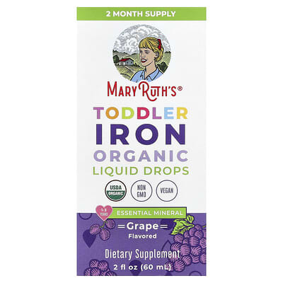 MaryRuth's, Organic Iron Liquid Drops for Toddlers, 1-3 Years, Grape Flavor, 3.5 mg, 2 fl oz (60 ml)