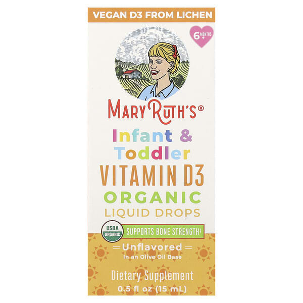 Organic Infant & Toddler Vitamin D3 Liquid Drops, 6 Months+, Unflavored, 0.5 fl oz (15 ml)