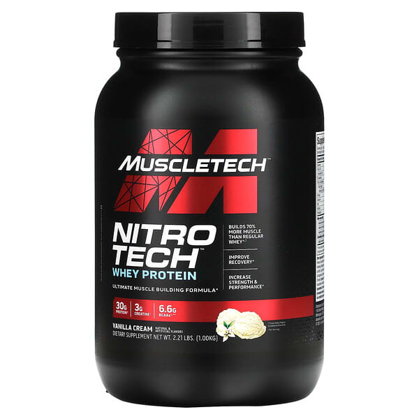 ماسلتيك‏, Nitro Tech، مصل اللبن المعزول + مستحضر بناء العضلات اللينة، فانيليا، 2.00 رطل (907 جم)