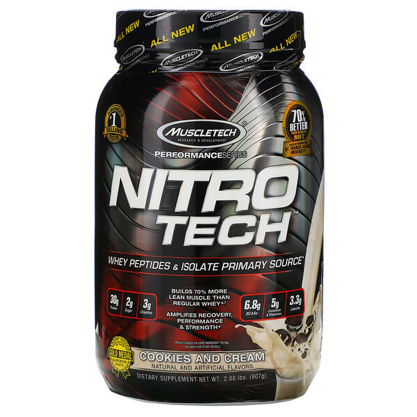 Muscletech, 二トロテック（Nitro-Tech）, 乳清分離株＋脂肪の少ない筋肉の増強剤, クッキー＆クリーム, 2.00ポンド（907 g）