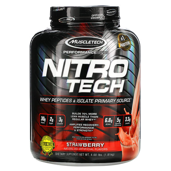Muscletech, Nitro-Tech™（ニトロテック）、ホエイ アイソレート+ 無駄のない筋肉増強剤、ストロベリー味、3.97 ポンド (1.80 kg)