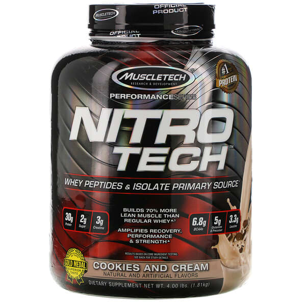 Muscletech, Nitro-Tech™（ニトロテック）、ホエイ アイソレート+ 無駄のない筋肉増強剤、クッキー＆クリーム味、3.97 ポンド (1.8 kg)